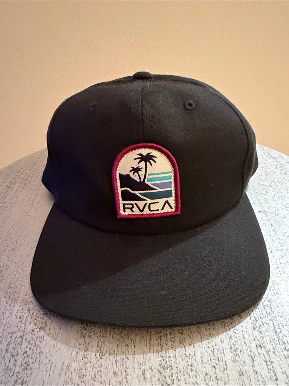Boys RVCA Black Cap with Tropical Palm Patch and Teal Stripes